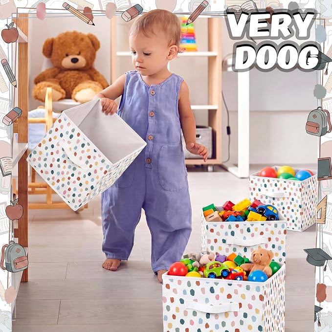 Chunful 6 Pcs 11 Inch Polka Dots Fabric Storage Cube Bin Woven Foldable Storage Cubes for Classroom Basket Bin Classroom Organizer with Handle Decor for Organizing Clothes, Toy, Book