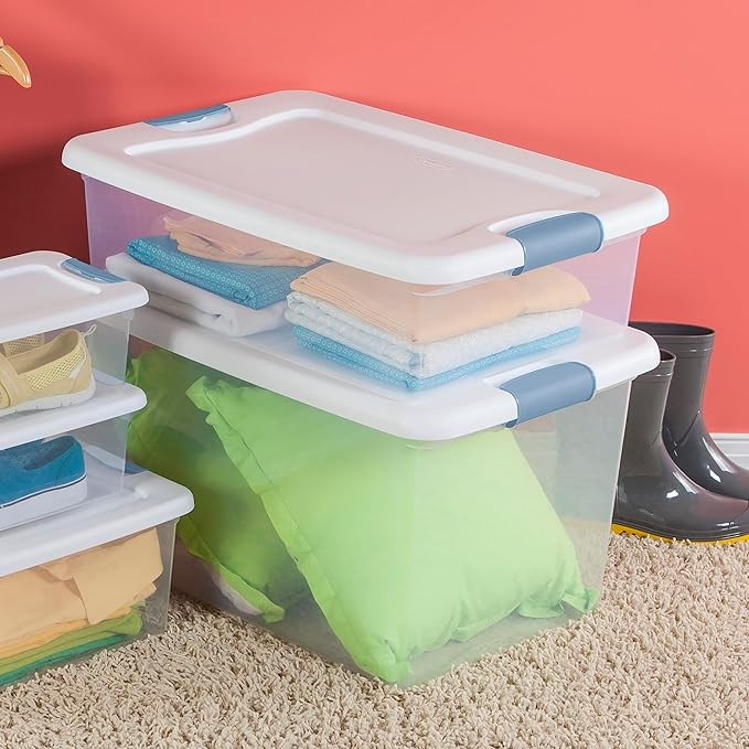 Sterilite Latching Box with Lids for Home and Office, 32 Quart, 18-Pack | Heavy-Duty and Stackable Plastic Containers with Latches for Closet, Cabinet, Bedroom, Bathroom and Dorm Room Organization