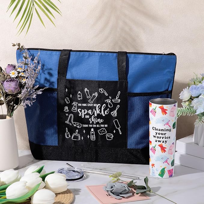 Sieral Housekeeping EVS Week Appreciation Gift, Housekeeper, Royal Blue | Insulated Tumbler 20oz & Large Tote Bag Set for Women Custodian School Healthcare Cleaning Crew House Cleaner Maid Janitor
