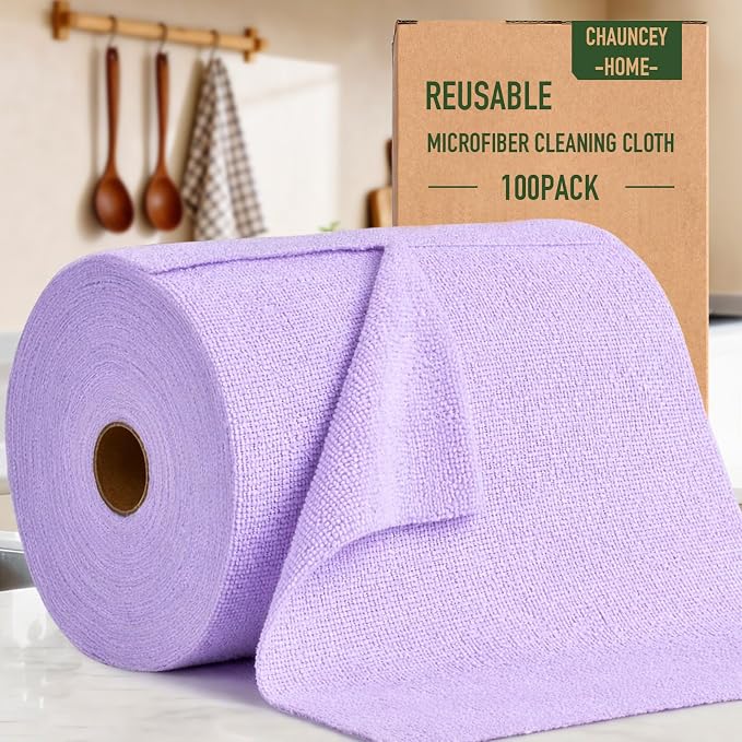 Microfiber Cleaning Cloth Roll - 100 Pack Tear Away Microfiber Paper Towels, Reusable, Washable, Scratch-Free, Kitchen Towels for Car, Home, Kitchen, Glass, Dishes (Light Purple)