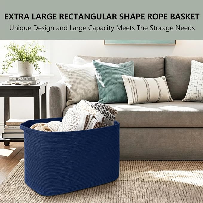 MEGASKET 108L Extra Large Storage Basket, 25"x16"x16" Blue Blanket Basket Living Room, Oversized Cotton Rope Blanket Storage, XXXL Woven Kids Dog Toy Bin Box, Jumbo Laundry Shoes Towel Bin, Navy Blue