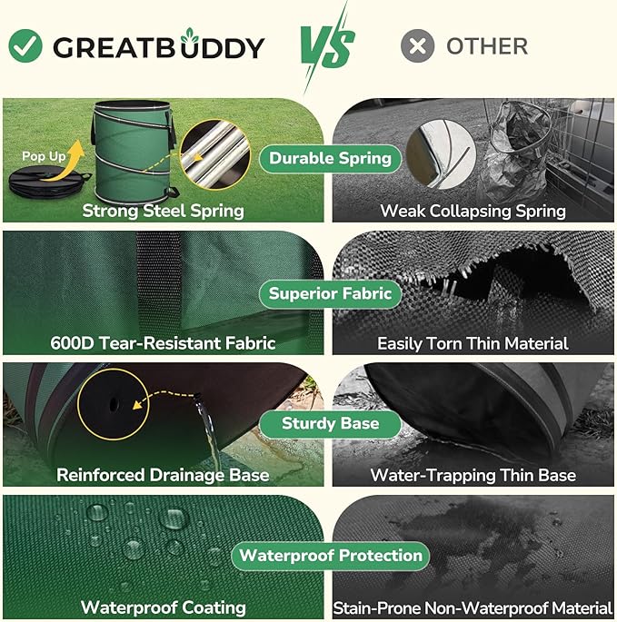 GreatBuddy Collapsible Trash Can 30 Gallon, Pop Up Yard Waste Bags, 600D Oxford Lawn and Leaf Bags with Drainage Holes, Self-Standing Camping Trash Can, Foldable Garden Bag for Leaf & Lawn Cleanup