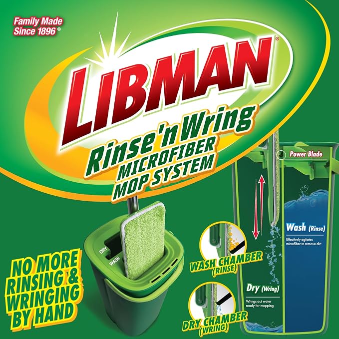 Libman Rinse 'n Wring Mop and Bucket System, 5 Microfiber Pads Included | Wet & dry mop with dual clean/dirty water chambers; power blades; 5 microfiber pads included.