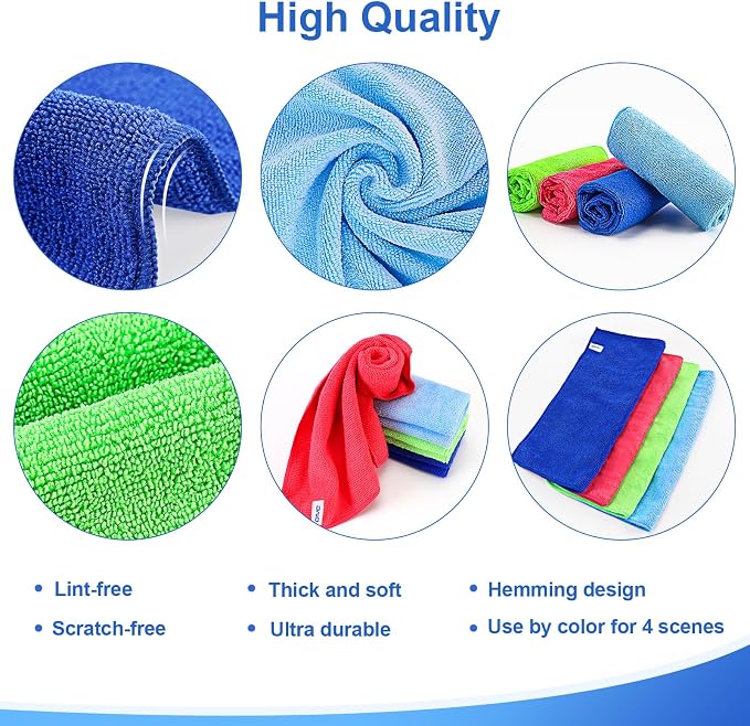 Microfiber Cleaning Cloth, 12Pcs, 12" x 12", High Density, 4 Colors | Household Cleaning Rags, 293GSM, Ultra Absorbent, Reusable Cleaning Supplies for Kitchen Towels, Glass Dish Cloths, Dust Rag