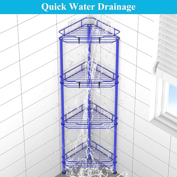HuggieGems Metal Floor Standing Corner Shower Caddy, Dark Blue, 4 Tier | Adhesive Bathroom Organizer Shelves, Free Standing Shower Rack with Hooks, Hold Large Shampoo Bottles