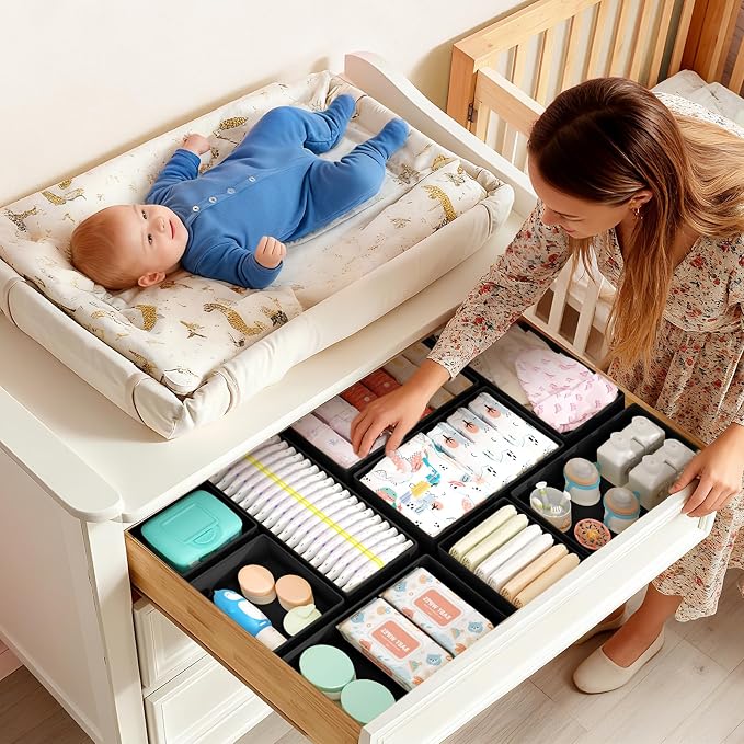 DIMJ Drawer Organizers Clothes, Set of 16 Dresser Organizer Bins, Fabric Closet Organizers and Storage, Shallow Drawer Dividers for Nursery, Clothing, Baby Clothes, Socks, Underwears, Tie (Black)