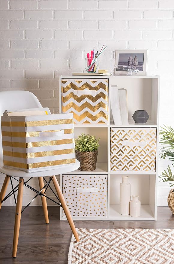 DII Woven Polyester Storage Bin, Polka Dot, White & Gold, Small Set of 4