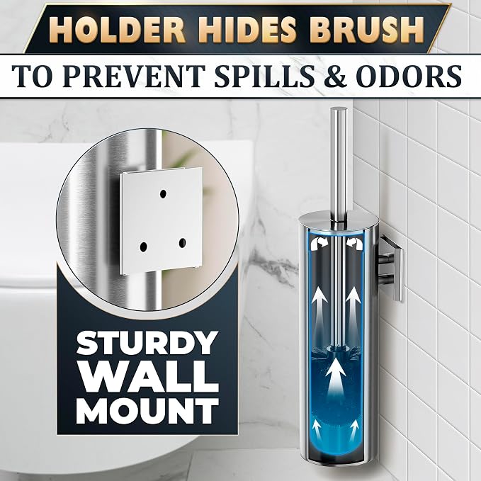 Wall-Mounted Toilet Brush and Holder Set, Stainless Steel (Silver) | Stainless Steel Toilet Brush and Holder Set, Removable Inner Bowl, Dense Bristles, Rustproof, for Modern Bathroom Walls