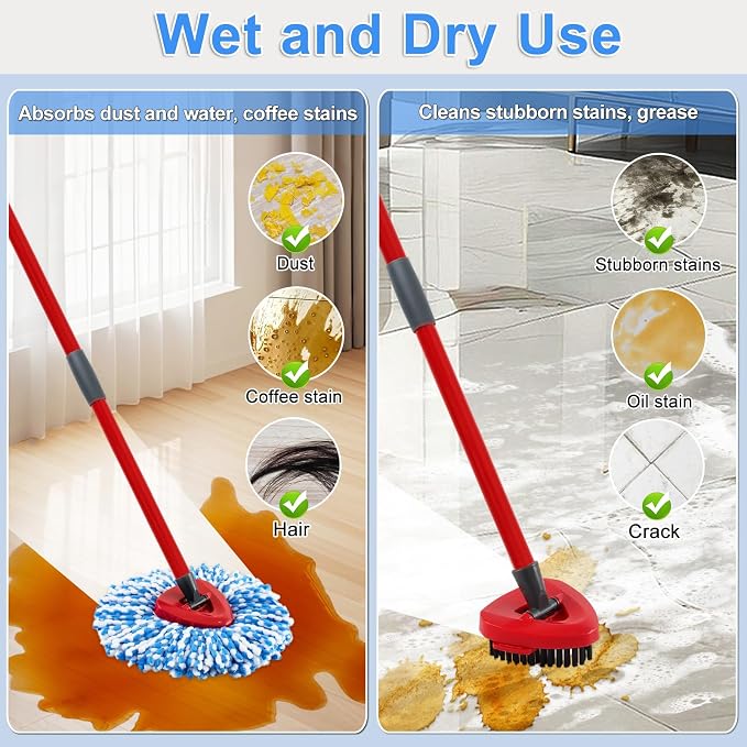 Spin Mop Handle Replacement for Ocedar, Mop Heads Replacements Compatible with RinseClean 2 Tank System, Include 2 Microfiber Spin Mop Replace Heads,4 Section Iron Mop Handle,1 Base and 1 Scrub Brush
