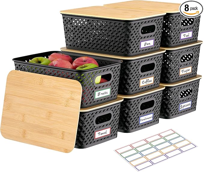 Anysig 8 Pack Plastic Storage Bins with Bamboo Lids, 5.2 QT Stackable Bins | Decorative Small Storage Basket Containers for Organizing Shelves Office Classroom Desktop Closet, Black