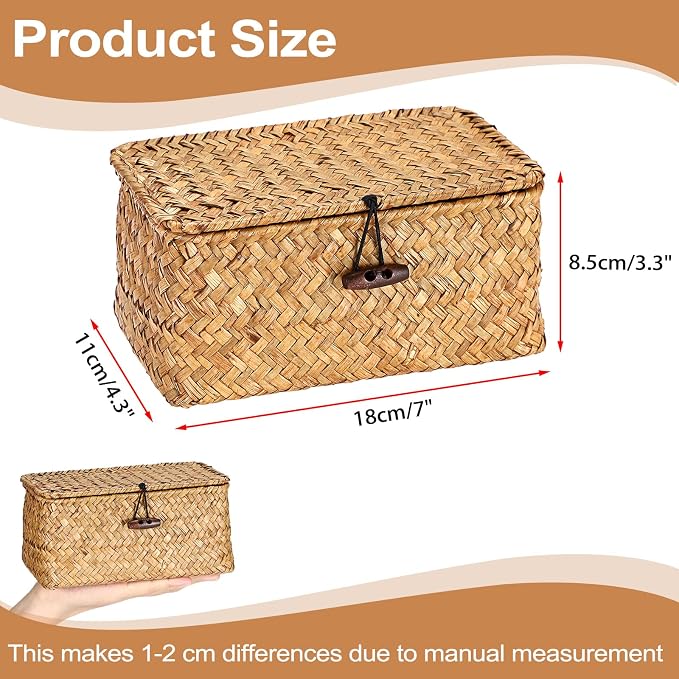 Hipiwe Small Seagrass Wicker Box with Lid Decorative Shelf Basket Bin | Handwoven Basket Storage Boxes for Home Decor, Multipurpose Desktop Organizer, Caramel 7.0" x 4.3" x 3.3"