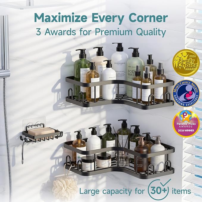 Veken Corner Shower Caddy 3-Pack, Advanced Rustproof Design&Stable Storage | No Drilling Adhesive Shelves, Rack with Soap Holder & Hooks, Thickened Metal Frame, Bathroom Organizers and Storage, Black