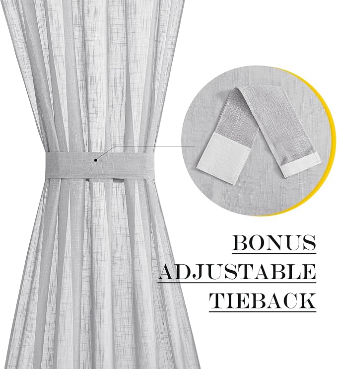 NICETOWN French Door Panel with Tieback - Linen Look Sheer Curtain | Linen Textured Sheer French Door Panel with a Tieback (52 Width x 72 Length, Light Grey, 1 PC)
