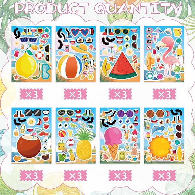 24 Sheets Summer Make a Face Sticker, Make Your Own Hawaii Stickers Flamingo Watermelon Pineapple Summer Stickers for Boy Girls Home School Classroom Crafts Activities Hawaii Party Favors