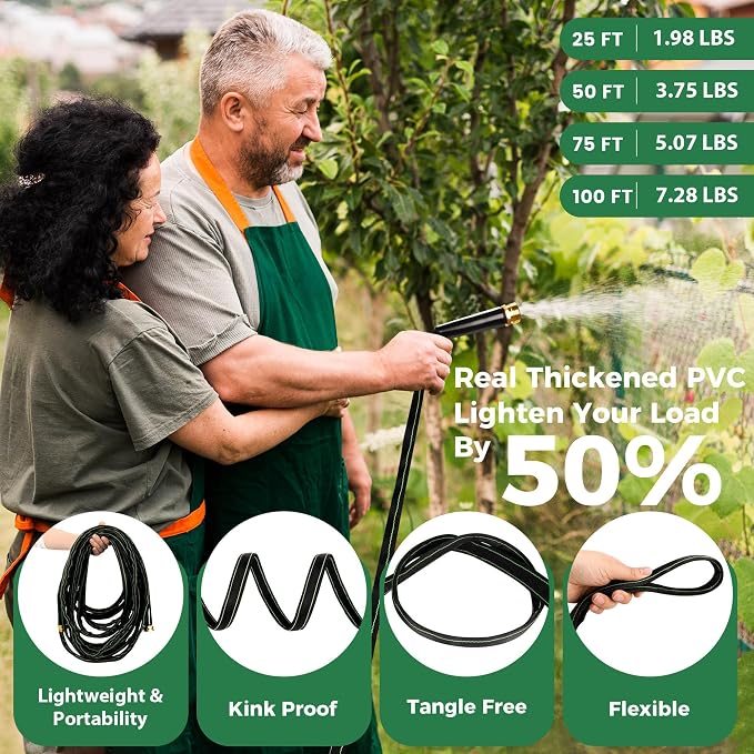Garden Hose 75 ft Water Hose Flexible Heavy Duty Lightweight No Kink Long Outdoor Non-Expandable High Pressure Flat Hoses Pipe 75’ Strong 3/4’’ Brass Fitting for Outside Yard Lawn Car Wash