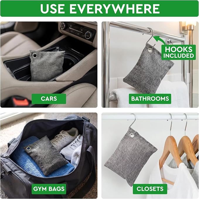 Activated Charcoal Odor Absorber for Strong Odors in Car, Closet, Shoe, Basement. 5 Activated Charcoal Bags Odor Absorbers for Home. Bamboo Charcoals Air Purifying Bag Charcoals Deodorizer Eliminator