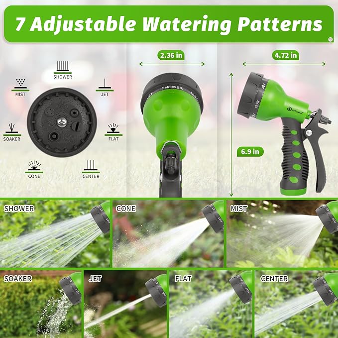 AUTOMAN-Garden-Hose-Nozzle,ABS Water Spray Nozzle with Heavy Duty 7 Adjustable Watering Patterns,Slip Resistant for Watering Plants,Lawn& Garden,Washing Cars,Cleaning,Showering Pets - Green