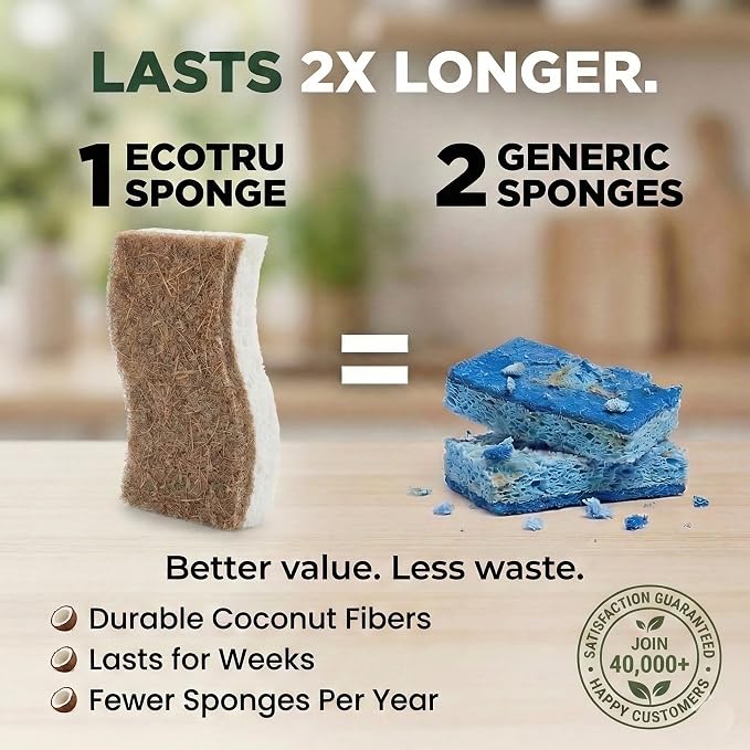6 Pack Washing Up Sponges, Eco Kitchen Dish Cleaning Sponges, Biodegradable & Compostable Natural Cellulose Sponge with Coconut Fibre Scrubber, Non Scratch Heavy Duty Scouring Pad
