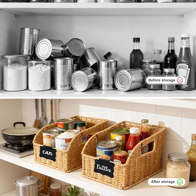 Brownlily Faux Wicker Pantry Storage Baskets, Natural-Double Set (6-Piece) | Handwoven Baskets for Organizing with Built-in Handles, All-Purpose Storage Baskets with Chalkboard for Shelves,Laundry Room