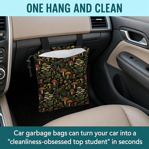 Cottagecore Mushroom Car Trash Bag Hanging for Back Seat | Rustic Forest Plant Floral Canvas Drawstring Car Garbage Bag with Adjustable Buckle Vehicle Trash Can