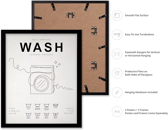 Poster Master 3-Piece Wash Dry Fold Print - Laundry Poster - Line Drawing Art - Black & White Design - Symbols & Guide Art - Minimal Laundry Room Decor - 11x14 Black Framed