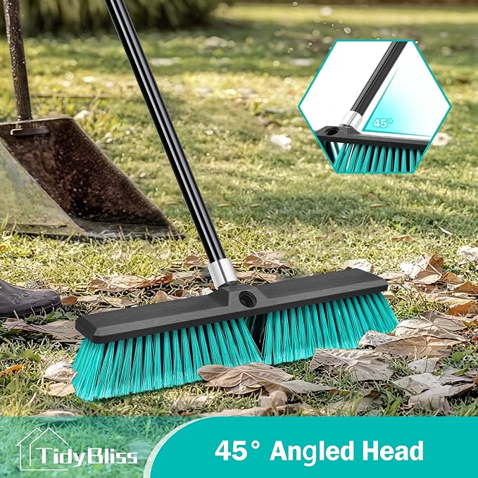 TidyBliss 3 Pack 18” Push Broom Outdoor Heavy Duty, Large Commercial Stiff Bristle Brush with 63 inches Long Handle for Garage Shop Garden Yard Patio Deck Street Warehouse Lawn Driveway (Green)
