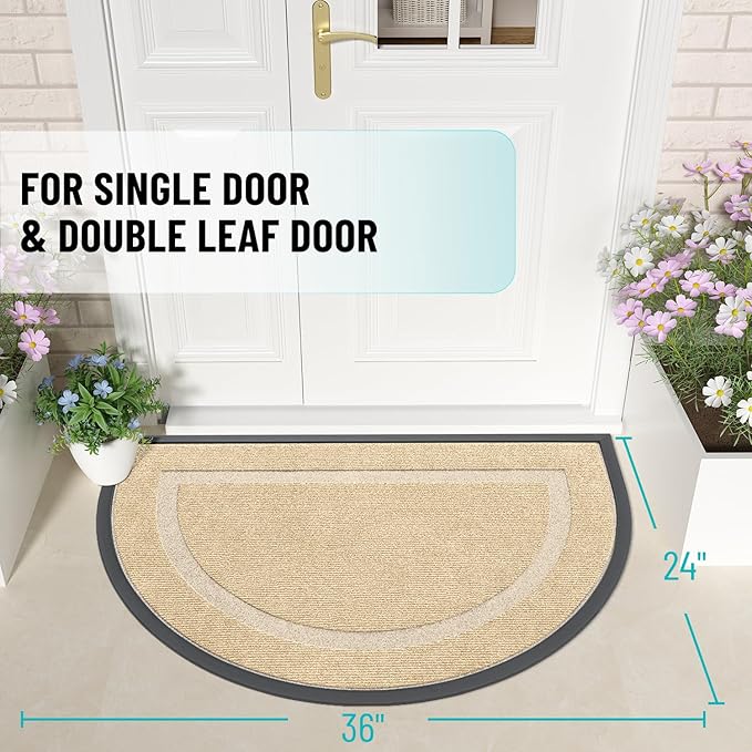 OLANLY Half Circle Front Door Mat Outside 35x23 All-Season Rubber Doormat | Beige, Absorbent, Heavy-Duty, Stain and Fade Resistant, Waterproof Non-Slip Backing, Low-Profile Indoor Outdoor Entryway Mat