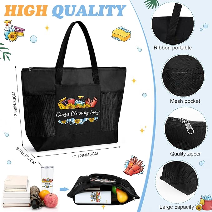 Sieral Housekeeping EVS Week Appreciation Gift, Cleaning Lady, Black | Insulated Tumbler 20oz & Large Tote Bag Set for Women Custodian School Healthcare Cleaning Crew House Cleaner Maid Janitor