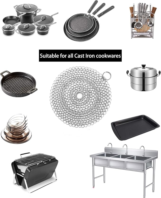 Cast Iron Skillet Cleaner Chainmail,2 Pack Premium Stainless Steel Chain Maille Scrubber for Cast Iron Pans,Stainless Steel,Glassware(7IN &5IN Round)