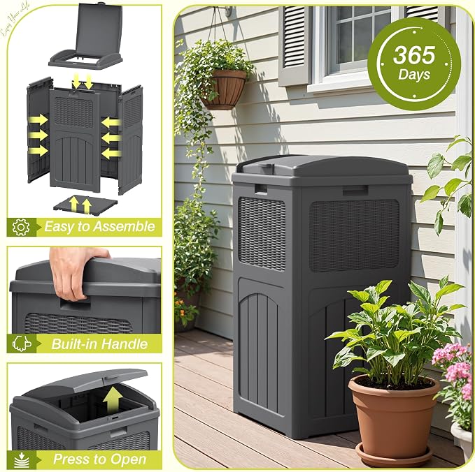 Greesum 33 Gallon Outdoor Trash Can with Lid, Waterproof, 3 Pack, Gray | Resin Garbage Bin for Hideaway, Deck, Patio