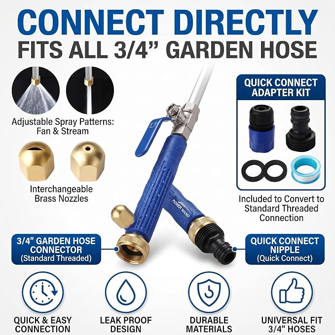 Jet Nozzle for Garden Hose, Metal Power Washer Wand with 2 Brass Nozzles, High Pressure Washer with Quick Connect Adapter for Car Wash, Patio, Window and Garden Watering(Black)
