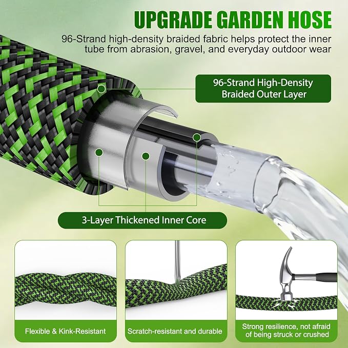 NON-EXPANDABLE Garden Hose 25 FT x5/8'' with 10-Function Sprayer | Flexible Hose 25 ft Lightweight, No Kinks Leak Proof Durable Fabric Skin, Water Hose 25FT for Yard, Outdoor