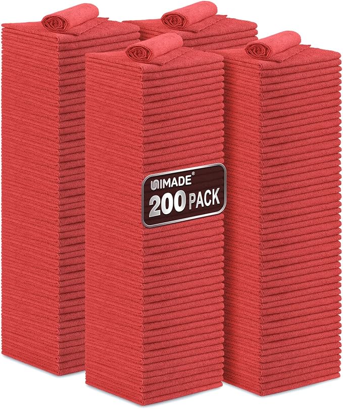 Shop Towel Rag, 200 Pack Reusable Microfiber Cleaning Cloth | Rags Bulk Lint Free Towels for Car Kitchen Automotive Bar Mechanic Restaurant Garage, 11.5"x 11.5", Red