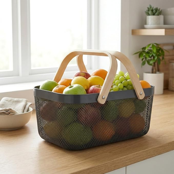 Simplify Large Mesh Plastic Storage Basket with Wooden Handle CHARCOAL Color | Garden Harvest Organizer | Kitchen Pantry Storage Bin