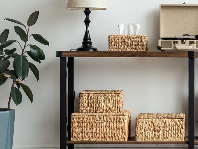 StorageWorks Wicker Basket with Lid, Storage Baskets with Lids, Hyacinth | Woven Baskets with Lids for Shelves, Wicker Storage Baskets with Lids, Lidded Baskets for Organizing, Large, 1 Pack