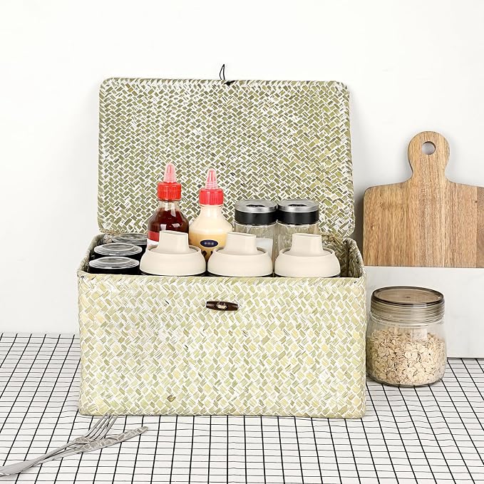 Hipiwe Wicker Shelf Baskets Bin with Lid, Large Seagrass Basket Storage Box | Handwoven Natural Baskets for Shelf Organizer, Rectangular Household Basket Boxes for Home Decor, Whitewash