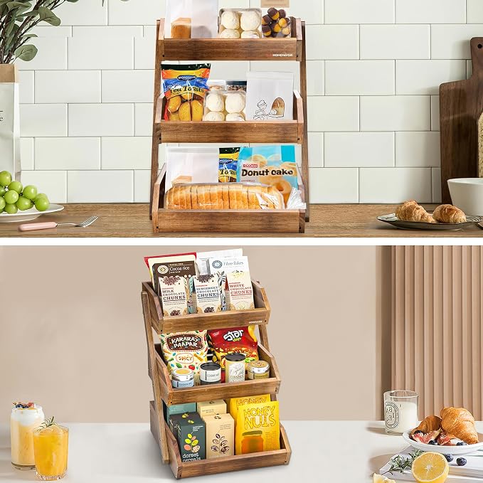 G.a HOMEFAVOR 3-Tier Acacia Wood Fruit Basket for Kitchen, Self-assembly | Large Fruit Bowl for Kitchen Countertop, Fruit Stand Storage Holder for Vegetables and Snack Home Organizer