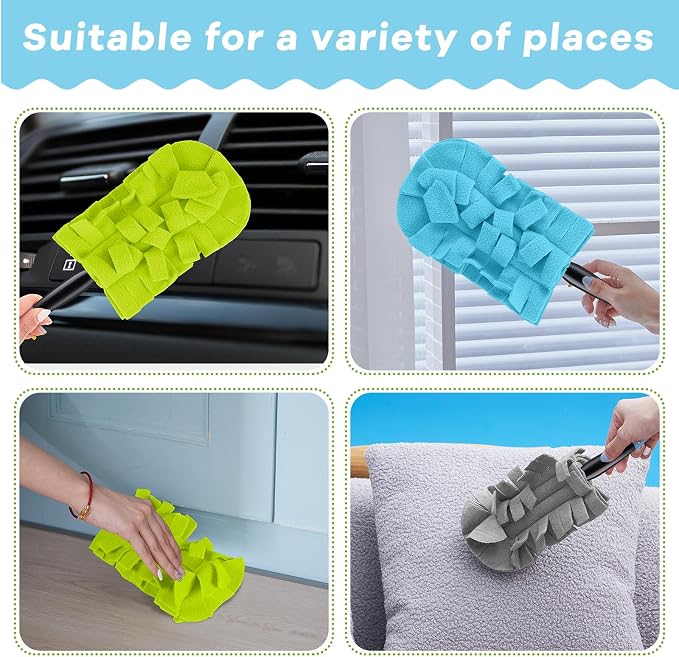 Zubebe 3 Pcs Reusable Duster Refills Fleece,Blue, Green, Gray | Soft Polyester Fiber Flat Duster Refill Multi Surface Washable Cleaning Pad Tools for Home, Blinds, Car, Pet, Furniture, Fans