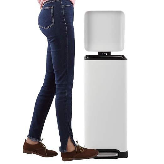 happimess Betty 8 Gal Step Trash Can Soft-Close Lid, Cotton White | Fingerprint Resistant, Removable Liner, Semi-Rectangular, Steel Pedal, Iron Powder Coated, 27" Height, Non-Skid Base