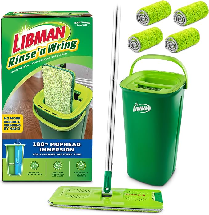 Libman Rinse 'n Wring Mop and Bucket System, 5 Microfiber Pads Included | Wet & dry mop with dual clean/dirty water chambers; power blades; 5 microfiber pads included.