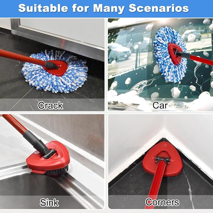 Spin Mop Handle Replacement for Ocedar, Mop Heads Replacements Compatible with RinseClean 2 Tank System, Include 2 Microfiber Spin Mop Replace Heads,4 Section Iron Mop Handle,1 Base and 1 Scrub Brush