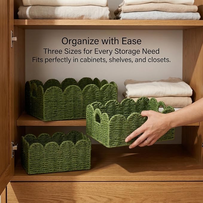 Scalloped Wicker Basket Set of 3, Hand-Woven Storage with Handles | set of 3 green scalloped baskets with handles. Hand-woven paper rope for shelves, bathroom or closet. Stackable, sturdy.