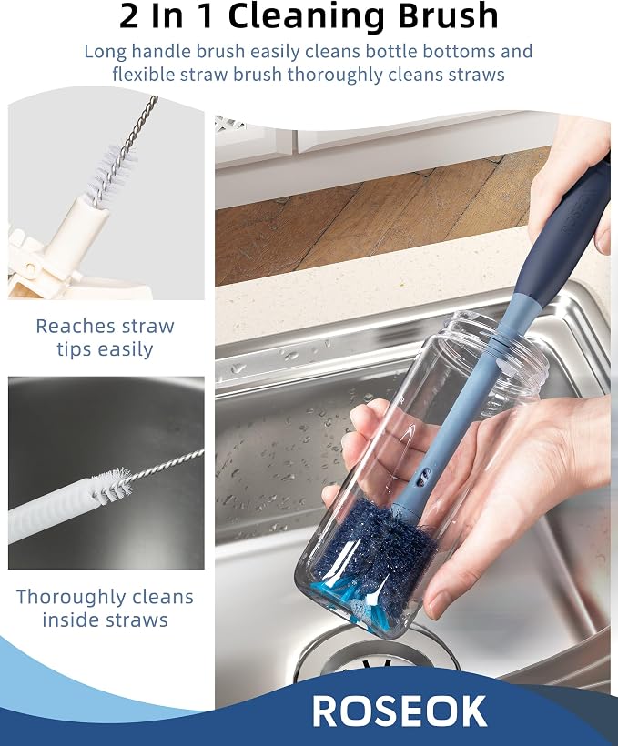 ROSEOK 2 in 1 Bottle Brush with Straw Cleaner Brush, Water Bottle Brush | For Cleaning Glass, Sports Bottle, Coffee Mug, Cup Cleaner, Grayish Blue, 1 Pack