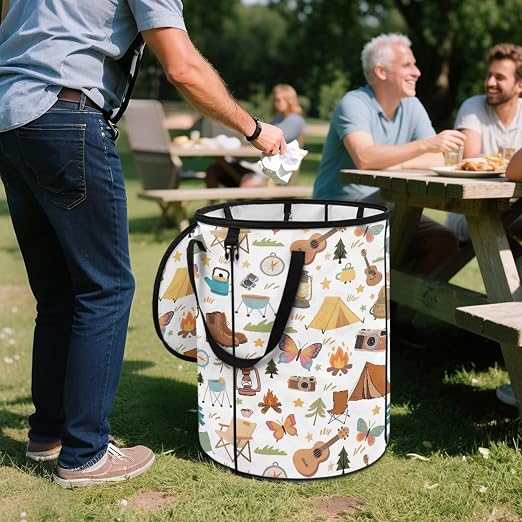 White Camping Trash Can Collapsable Cute Design Large Capacity Outdoor Garbage Can with Zipped Lid Water Resistant Trash Can Bags for Travel, Hiking, Outings
