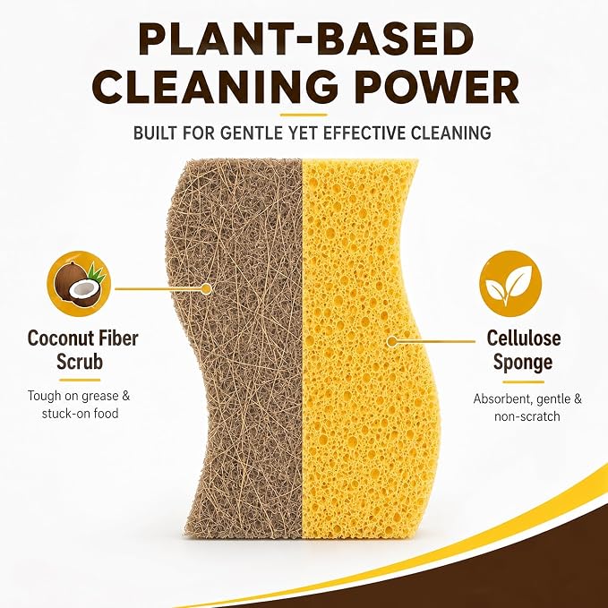 12 PCS Natural Sponges Kitchen, Dish Sponges with Coconut Scrub | Natural cellulose & Coconut fiber scrubber, Non-scratch cleaning, Rich suds fast, Flexible kitchen sponge, Easy Grip Shape