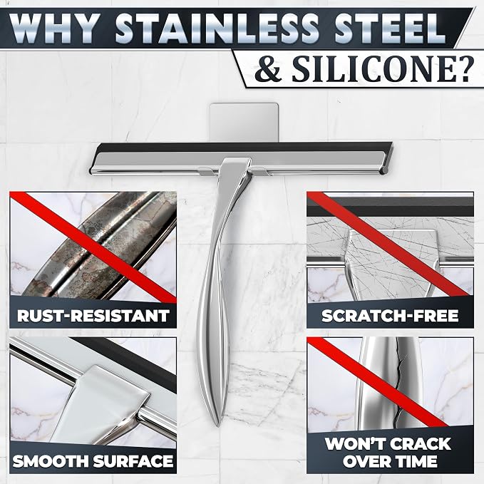 Stainless Steel Shower Squeegee, Glass, Silicone, 10 Inch (Silver) | Shower Door Squeegee with Silicone Blade, Adhesive & Hanging Hooks for Mirror, Tile, Window, Car, Multi-Surface Everyday Use