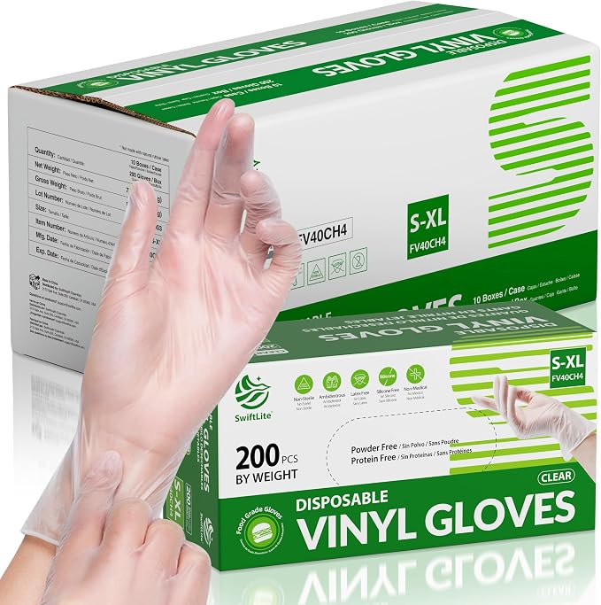 Disposable Vinyl Gloves, Food Safe | Latex-Free Powder-Free Clear Plastic Gloves for Cooking, House Cleaning, Food Prep