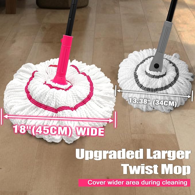 NEWE Self Wringing Twist Mop for Floor Cleaning, Upgraded 18-inch Wide Microfiber Mops, 55 Inches Long Handle Wet Dry Kitchen Easy Squeeze String Mop for Wood, Hardwood, Tile, Marble (Red)