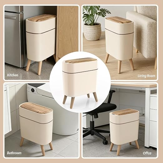 suyika Automatic Trash Can, 2.6 Gallon/10L, Wood Grain Lid and Legs | Bathroom Trash Can with Lid, Touchless, Waterproof Garbage Bin, For Bedroom, Bathroom, Office, Living Room