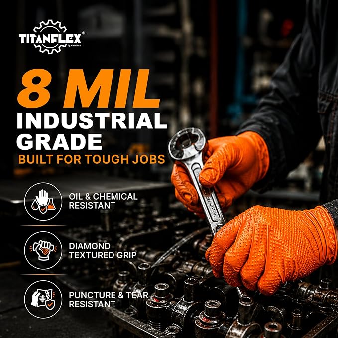 TitanFlex Heavy Duty Industrial Orange Nitrile Gloves, 8-mil, Gloves Disposable Latex Free with Raised Diamond Texture Grip, Powder Free, Rubber Glove, Mechanic Gloves,1000-ct Case (Small)